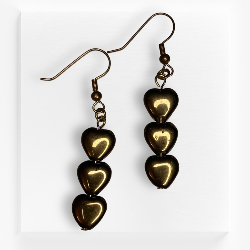 HAND CRAFTED Earrings Hearts Bronze Glass Beads Dangle Drop Long Pierced